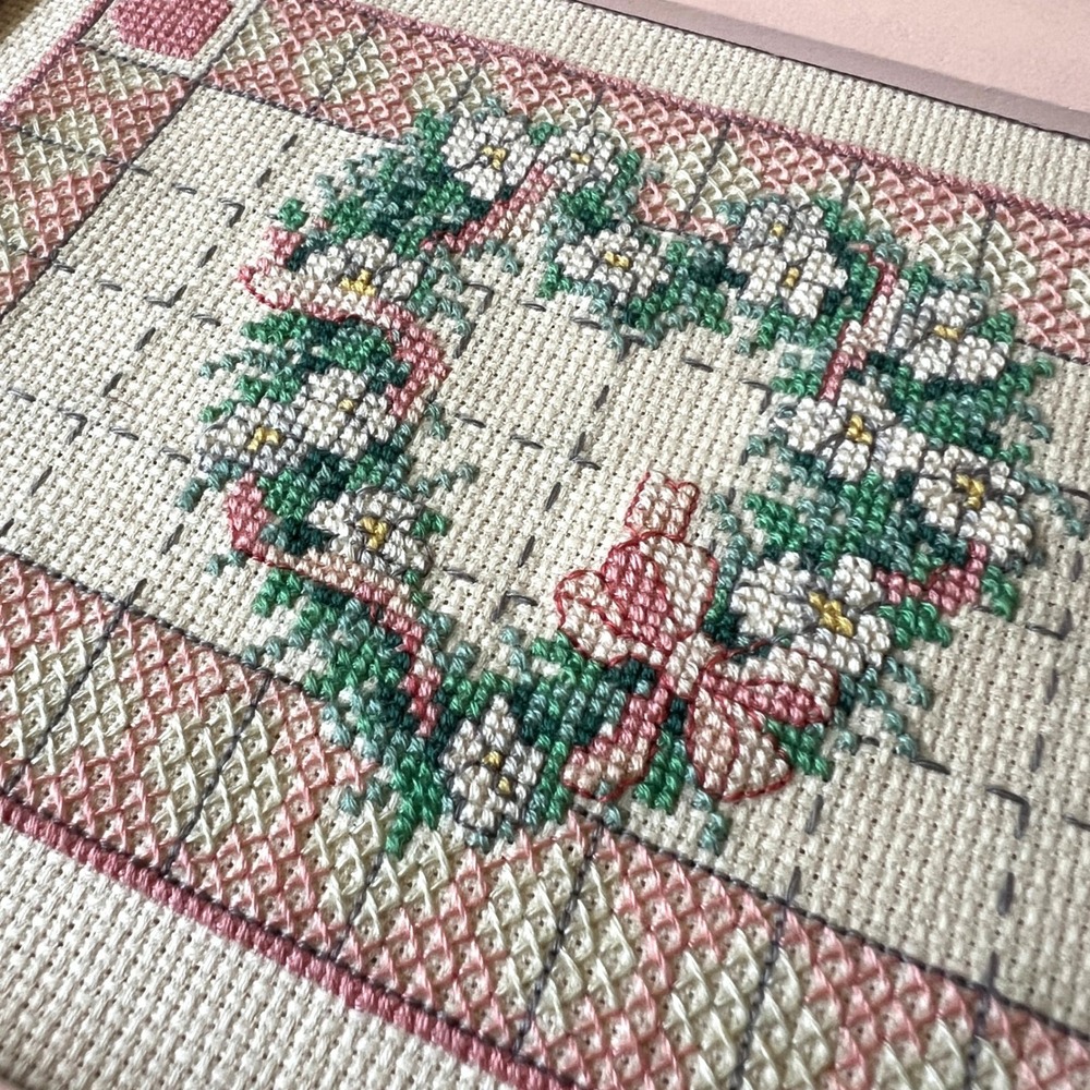 Vintage Framed Floral Heart Cross Stitch Needlepoint Wall Art Pink Cottagecore